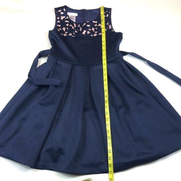 Bonnie Jean Dark Navy Blue Cutout Print Tie Front Pleated Formal Dress - Picture 3 of 13